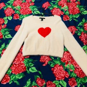 Fuzzy Pink/Red Heart Crop Sweater from Forever 21